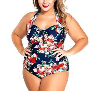 NAVY BLUE FLORAL HALTER TIE ONE PIECE SWIMSUIT  NW